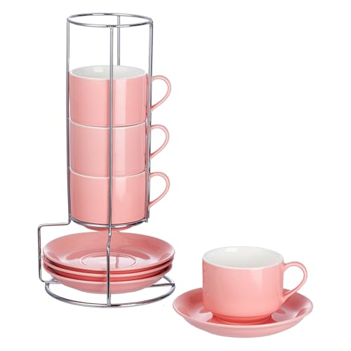 8 Ounce Stackable Cappuccino Cups with Saucers and Metal Stand (4 Count)