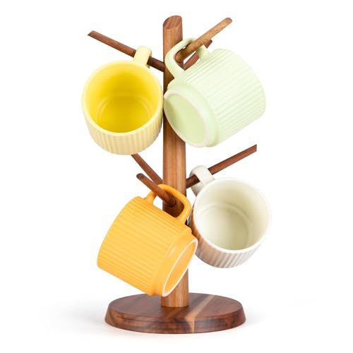 Acacia Wood Coffee Mug Tree Holder Countertop with 6 Hooks