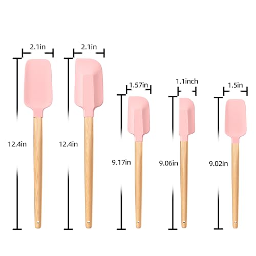 Wooden Handle Silicone Rubber Spatula Set 5 Piece for Kitchen Baking (5 Count)