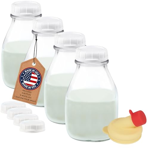 16 Oz Glass Milk Bottles with Lids (4 Count)