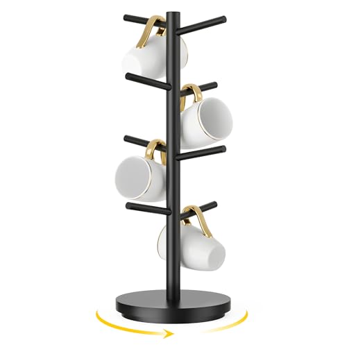 Coffee Mug Holder Tree Upgraded 360Rotated Cup Holder for Counter Black Wood Cup Tree Mug Rack Organizer Stand with 8 Hooks for Kitchen Coffee Bar Accessories