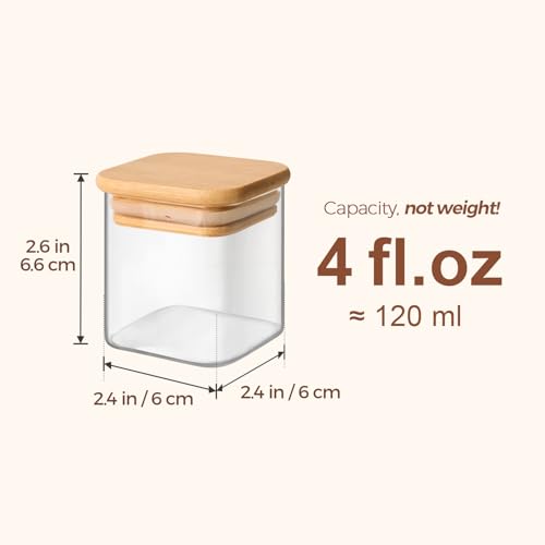 Glass Spice Jars with Labels 4 oz 12 Pack Small Square Bamboo Lids (12 Count)