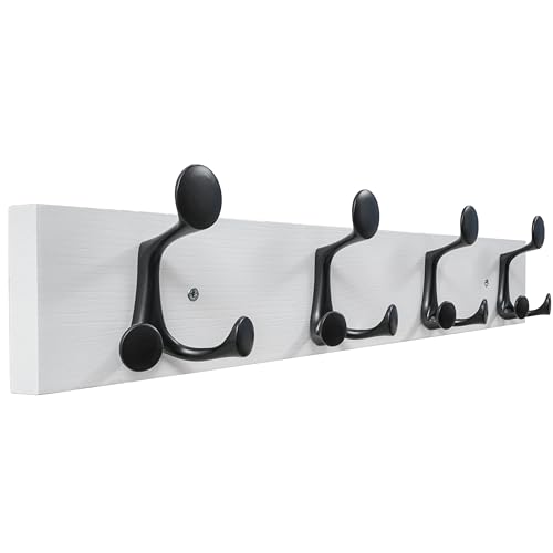 24 Inch White Wood Coat Rack Wall Mount with 4 Triple Hooks