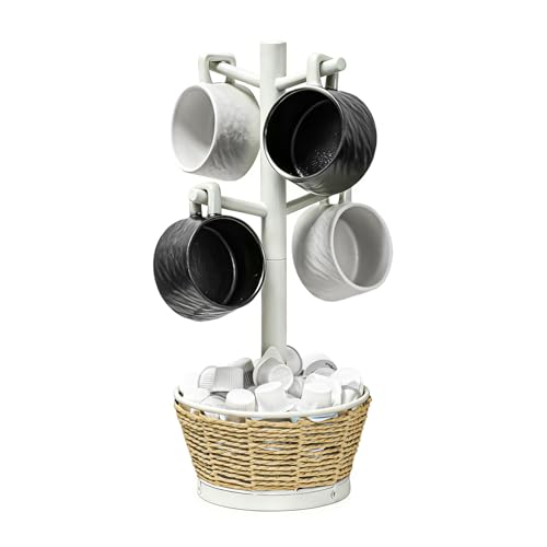 Wood Mug Holder Tree with Woven Basket