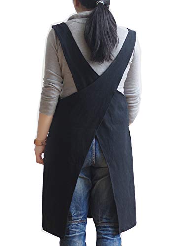 Soft Cotton Linen Apron Solid Color Halter Cross Bandage X Shape Kitchen Cooking Apron for Women Chef Housewarming Gift Black