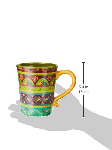 Four patterned mugs in red, teal, mustard and green tones