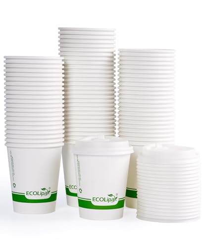 200 Count 8 oz Compostable Paper Coffee Cups with CPLA Lid