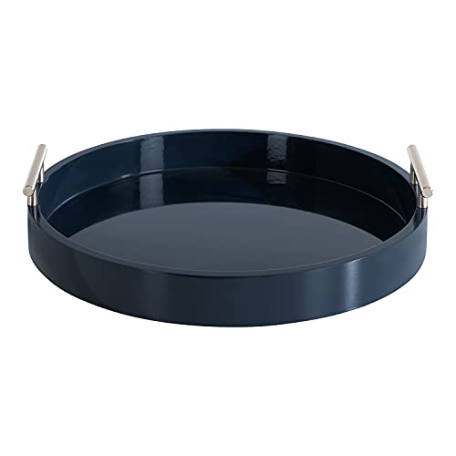 Lipton Modern Round Tray; 15.5 Diameter; Navy and Silver; Decorative Accent Tray for Storage and Display