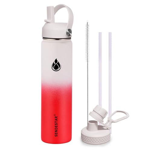 Stainless Steel Wide Mouth Water Bottle 24oz Double Wall Vacuum Insulated Leak Proof Bottle with New Flex Straw Lid & Spout Lid