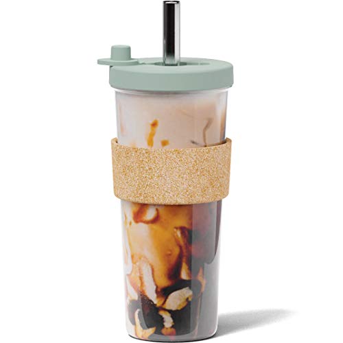 Sage Green 24 oz Reusable Boba Cup and Straw Bubble Tea Cup with Wide Lid and Straw