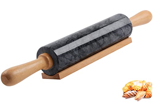 Marble Rolling Pin with Wooden Cradle Thick Handle Set for Baking