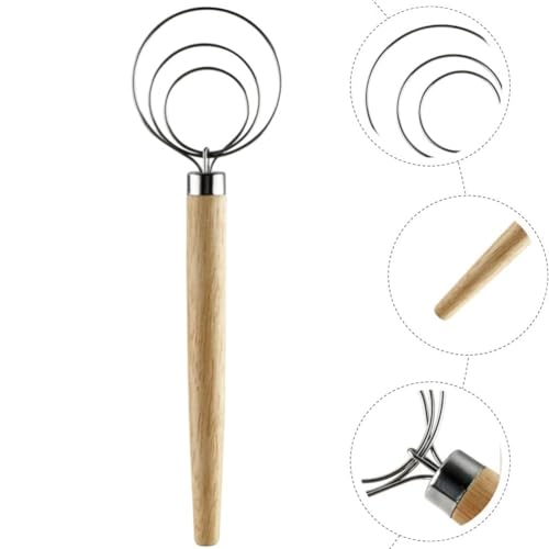 Danish Dough Whisk with Dough Scraper 10" Dutch Bread Whisk Bread Mixer Stainless Steel Dutch Bread Dough Whisk with Wooden Handle Dutch Whisk Baking Tools for Sourdough