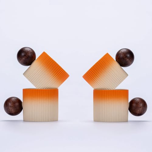 Ceramic Mini Espresso Cups Demitasse Cups with Round Wooden Handle Vertical Stripes Tea Cups (4 Count)