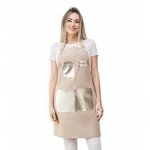 Barista Tools Apron for Women Hairstylists Servers Waterproof Canvas Kitchen Apron with 3 Pockets for Cooking Gardening
