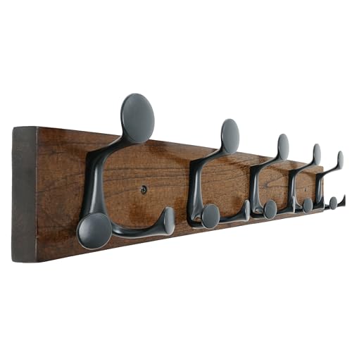24 Inch Walnut Wood Coat Rack Wall Mount with 5 Triple Hooks