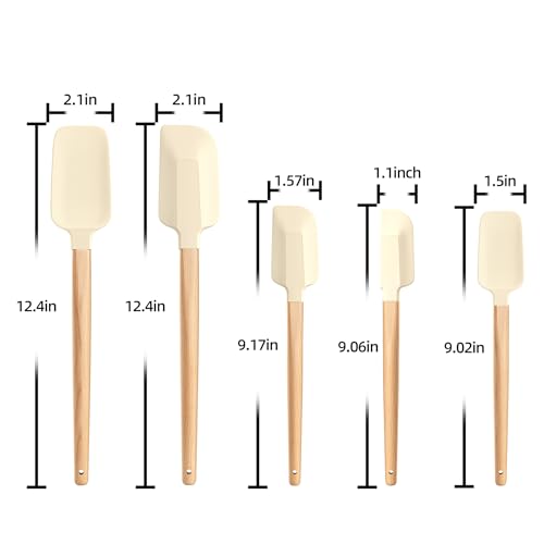 Wooden Handle Silicone Rubber Spatula Set 5 Piece for Kitchen Baking (5 Count)
