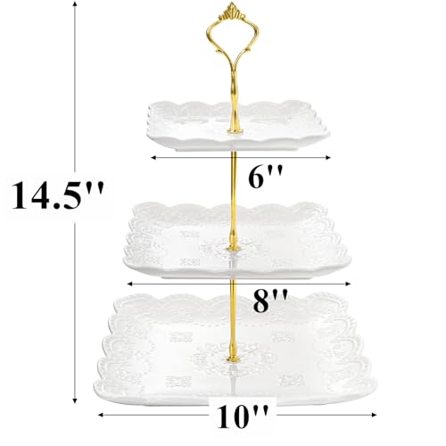 2 Pack 3 Tier White Ceramic Embossed Dessert Cake Tower Stand with Gold Carry Handle (2 Count)