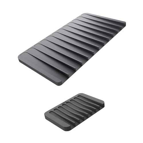 Self Draining Silicone Dish Drying Mat and Silicone Soap Dish Holder for Bathroom or Kitchen Counter in Dark Grey