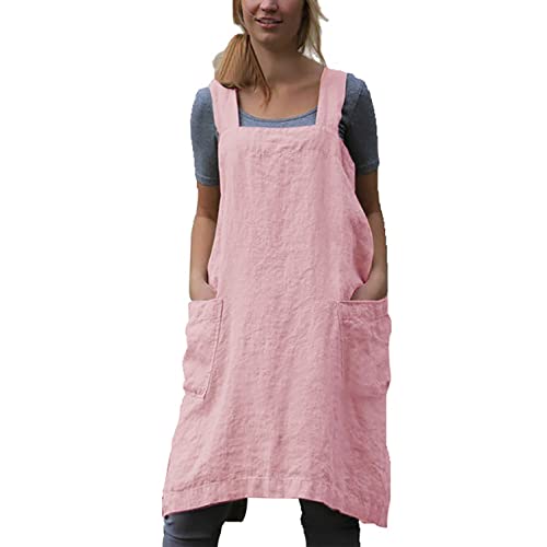 Cotton Linen Apron Cross Back Apron for Women with Pockets Pinafore Dress for Baking Cooking