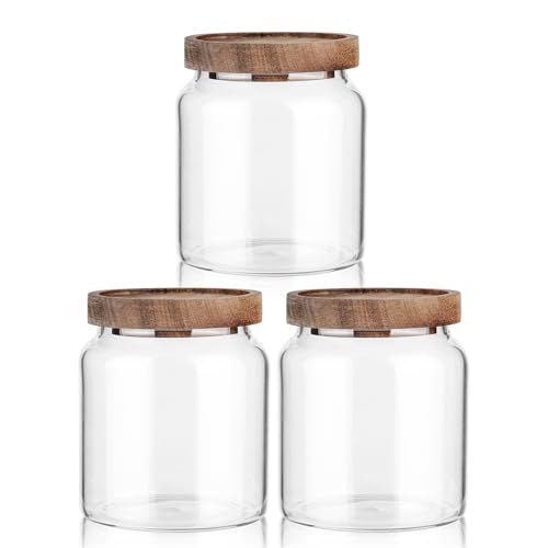 Glass Storage Container Airtight Food Jars Kitchen Canister with Wood Lids (20 Ounce)