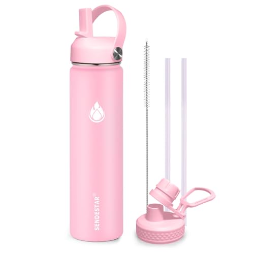 Stainless Steel Wide Mouth Water Bottle 24oz Double Wall Vacuum Insulated Leak Proof Bottle with New Flex Straw Lid & Spout Lid