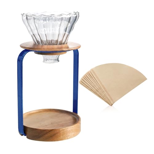 Pour Over Coffee Maker Set with Black Gooseneck Kettle Wooden Filter Holder Coffee Dripper Glass Server with Paper Coffee Filters
