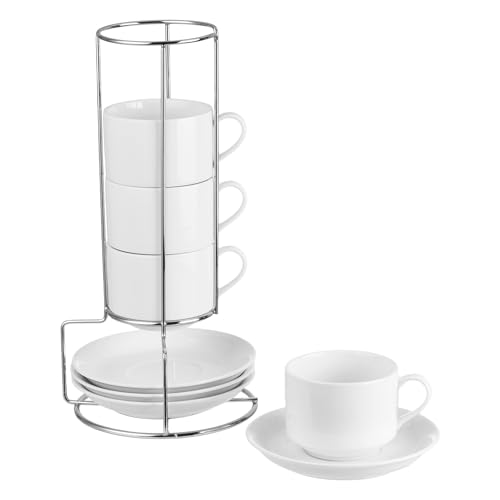 8 Ounce Stackable Cappuccino Cups with Saucers and Metal Stand (4 Count)