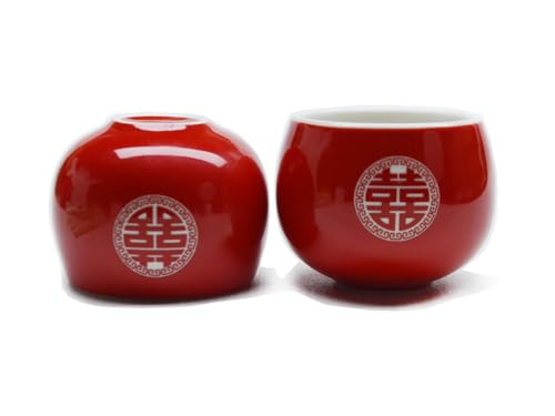 Chinese Wedding Tea cup 5oz Porcelain Teacup Red Cups Round Glaze Carving Double Xi for Tea Ceremony Wedding Party Home Decor (2 Count)