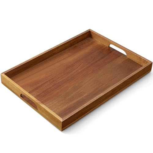 17 Inch Acacia Wood Serving Tray with Handles
