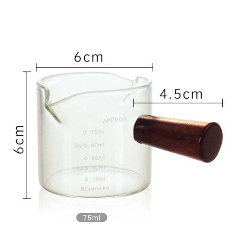 2 PCS Double Spouts Measuring Triple Pitcher Milk Cup with Wood Handle 75ML Espresso Shot Glasses Parts Clear Glass By BCnmviku (2 Count)