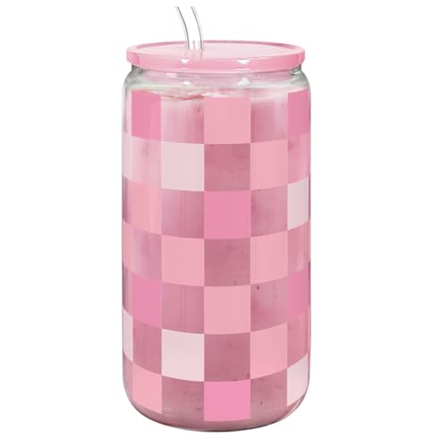Checker 16 Oz Can Glass Tumbler with Acrylic Lid and Straw