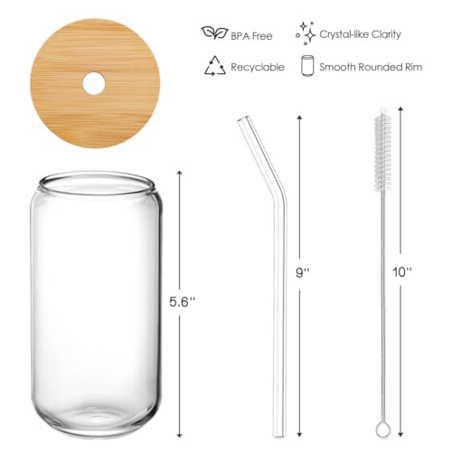 Drinking Glasses with Bamboo Lids and Glass Straw 4pcs Set (4 Count)