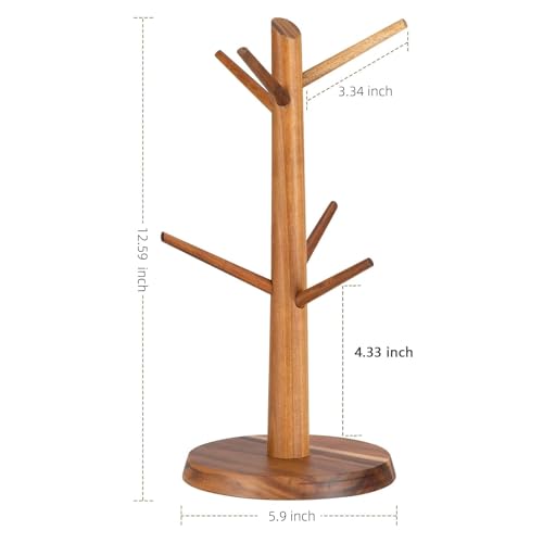 Acacia Wood Coffee Mug Tree Holder Countertop with 6 Hooks