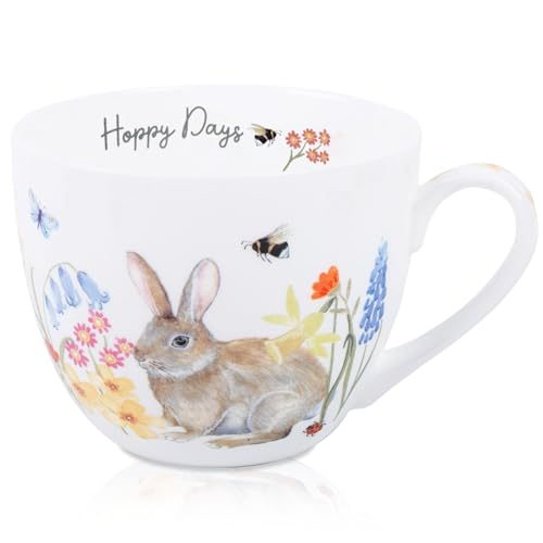20 oz Bunny Coffee Mug with Spring Flowers & Happy Days Slogan