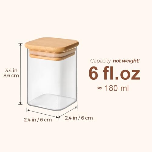 Square Glass Spice Jars with Labels 6 oz 16 Pack with Bamboo Lids (16 Count)