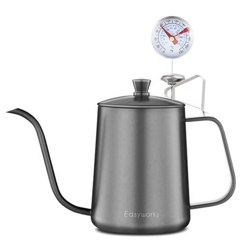 Gage Gooseneck Pour Over Coffee Kettle 20 oz with Thermometer Stainless Steel Hand Drip Coffee Pot With Long Narrow Spout