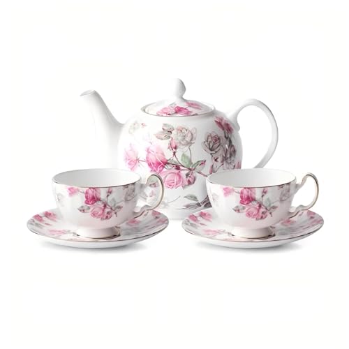 Fine Bone China Elizabeth Rose Teapot and Set of 2 Teacups & Saucers