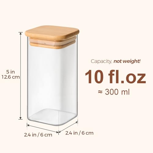 Glass Spice Jars with Labels 10 oz 6 Pack Large Square Bamboo Lids (6 Count)
