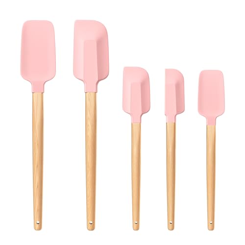 Wooden Handle Silicone Rubber Spatula Set 5 Piece for Kitchen Baking (5 Count)