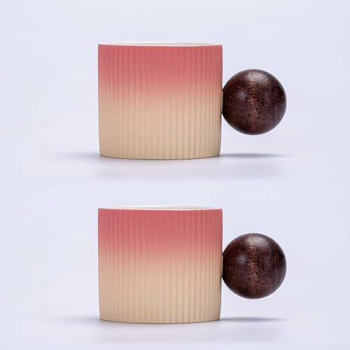 Ceramic Mini Espresso Cups Demitasse Cups with Round Wooden Handle Vertical Stripes Tea Cups (2 Count)