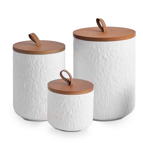 White Stone Ceramic Canister with Bamboo Lid (3 Count)
