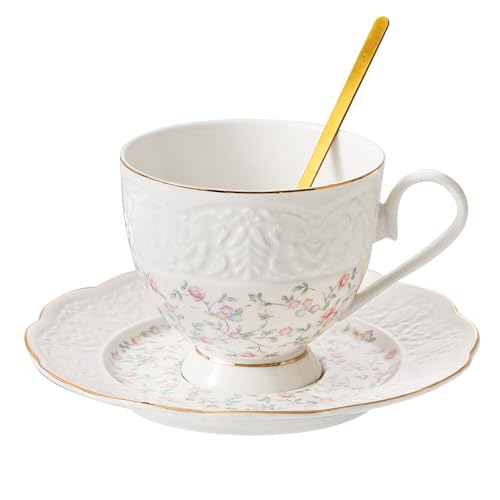 Interglio Embossed Bone China Tea Cup and Saucer Set (3 Count)