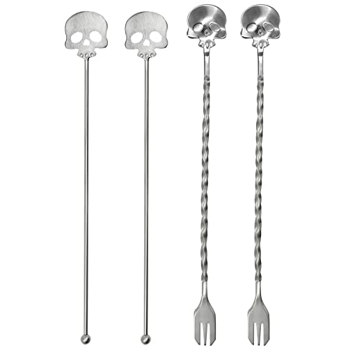 4Pcs Skull Swizzle Stick Bar Spoon Set Reusable Mixing Spoon (4 Count)