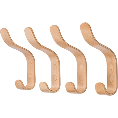 Plywood Wall Hooks Set of 4 Wood Coat Rack Hanging Clothes Hats Robes Towels (4 Count)