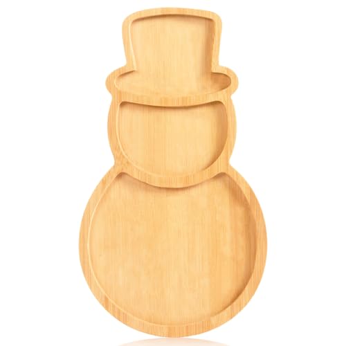 Snowman Wooden Serving Tray Christmas Bamboo Platter Winter Snowman Shape Charcuterie Board Decorative Wood Snack Dish Plate for Xmas Holiday Housewarming Present