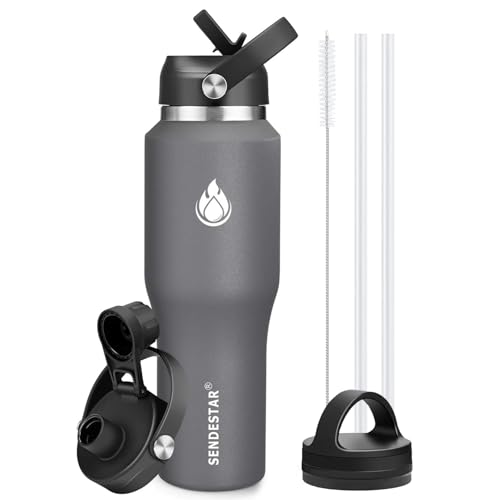 40oz Water Bottle Wide Mouth Stainless Steel Vacuum Insulated Double Wall with 2 Straw Lids Fit in Any Car Cup Holder