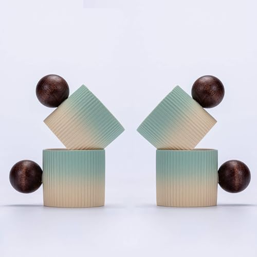 Ceramic Mini Espresso Cups Demitasse Cups with Round Wooden Handle Vertical Stripes Tea Cups (4 Count)