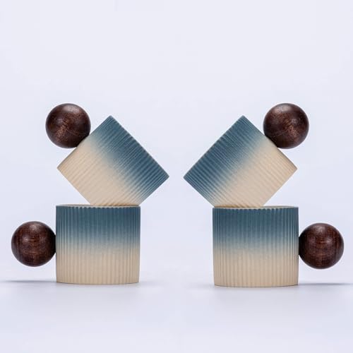 Ceramic Mini Espresso Cups Demitasse Cups with Round Wooden Handle Vertical Stripes Tea Cups (2 Count)