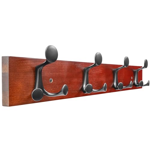 24 Inch Cherry Wood Coat Rack Wall Mount with 4 Triple Hooks
