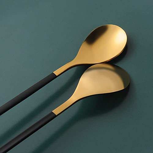 6 Piece Elegant Black & Gold Leaf Long Handle Teaspoons (6 Count)